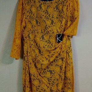 Kasper Golden Lace Long Sleeve Dress